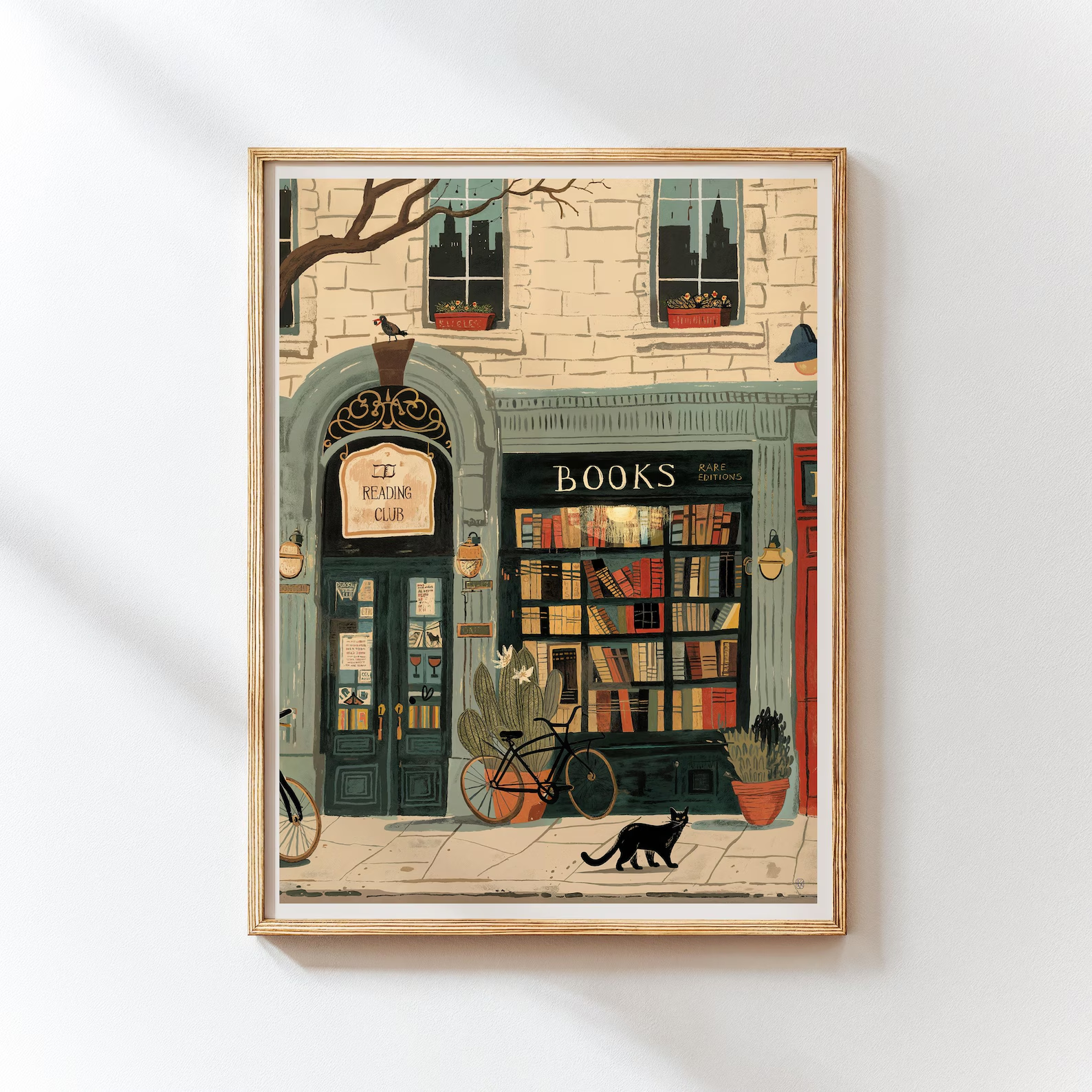 Home Office Design - Bookstore Art Print, Cozy Bookshop Illustration,